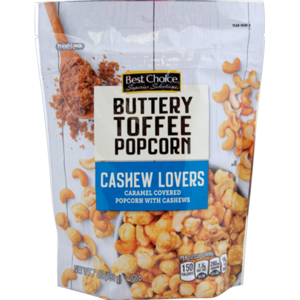 Save $1.00 off 2 on Superior Selections by Best Choice BUTTERY TOFFEE POPCORN - with CASHEWS or ALMONDS - 7 OZ